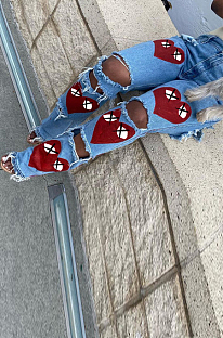 Red Casual Love Printing Hole Hollow Out Slim Fitting High Waist Jeans Shift Pants SX02349-1