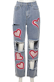 Pink Casual Love Printing Hole Hollow Out Slim Fitting High Waist Jeans Shift Pants SX02349-2