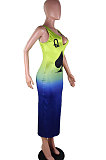 Multicolor Women Sleeveless Fashion Printing Gradient Long Dress SMY8020-1