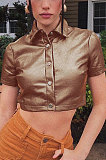 Nude Women Pure Color Short Sleeve Turn-Down Collar Buttons Crop Tops FWB141-3