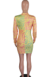 Yellow Contrast Color Printing Long Sleeve Round Collar Bodycon Mini Dress HXY8023