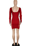 Wine Red Sexy Hollow Out Club Dress Long Sleeve Solid Color Mini Dress SH7280-2