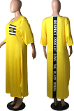 Black Big Yards Casual Letter Printing Short Sleeve Round Neck Slit T-Shirts Long Dress YFS10007-2