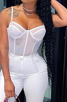 White Women Condole Belt Solid Color Mesh Spaghetti Spliced Sleeveless Backless Blouse FWB292-3