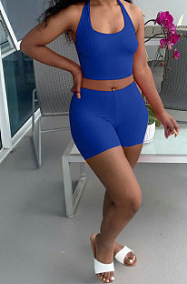 Peacock Blue Solid Color Tight Halter Neck Tank Shorts Sets LW8886-2
