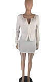 White Women Sexy Pure Color Double Zippers Elastic Long Sleeve Casual Skirts Sets AB6656-1
