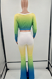 Yellow Red Casual Gradient Batwing Long Sleeve Dew Waist Top Slim Fitting Flare Pants Sets HXY8037-2