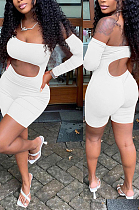 White Night Club Off Shoulder Single Sleeve Condole Belt Backless Hollow Out Slim Fitting Romper Shorts DR88119-3