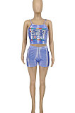 Blue Fashion Printing Hole Condole Belt Sport Shorts Sets WME20757-1