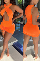 Orange Night Club Cotton Blend Sleeveless Strapless Hollow Out Tight Solid Color Drawsting Mini Dress DR8105-5
