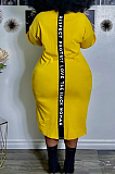 Yellow Big Yards Casual Letter Printing Short Sleeve Round Neck Slit T-Shirts Long Dress YFS10007-4