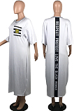 Yellow Big Yards Casual Letter Printing Short Sleeve Round Neck Slit T-Shirts Long Dress YFS10007-4