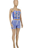 Blue Fashion Printing Hole Condole Belt Sport Shorts Sets WME20757-1
