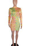 Yellow Contrast Color Printing Long Sleeve Round Collar Bodycon Mini Dress HXY8023