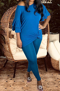 Peacock Blue New Women Ruffle Sleeve Round Collar Loose T-Shorts Bodycon Pants Solid Color Sets HXY8034-3