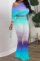 Purple Cyan Casual Gradient Batwing Long Sleeve Dew Waist Top Slim Fitting Flare Pants Sets HXY8037-1