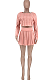 Pink Cotton Blend Long Sleeve Round Collar Top High Waist Mini Skirts Solid Color Two-Piece HG135-1