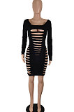 Black Sexy Hollow Out Club Dress Long Sleeve Solid Color Mini Dress SH7280-1
