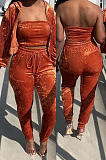 Orange Wholesal New Elastic Band Strapless Long Sleeve Hooded Zipper Coat Drawsting Pencil Pants Three-Piece HG136-1