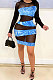Bright Blue Printing Mesh Spaghetti Spliced Perspectivity Long Sleeve Round Neck Club Mini Dress WMZ2652-2