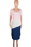 Pink Summer Spliced Short Sleeve Round Neck T-Shirts Slim Fitting Long Dress HXY8025-1