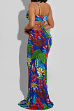 Black Women Condole Belt Casual Digital Printing Dew Waist Sexy Long Dress WMZ2649-1