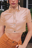 Brown Women Pure Color Short Sleeve Turn-Down Collar Buttons Crop Tops FWB141-2