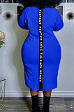 Blue Big Yards Casual Letter Printing Short Sleeve Round Neck Slit T-Shirts Long Dress YFS10007-5