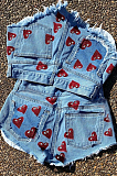 Red Summer Fashion Love Printing Slim Fitting Jeans Shorts SX02350-1