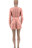 Pink Cotton Blend Long Sleeve Round Collar Top High Waist Mini Skirts Solid Color Two-Piece HG135-1