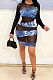 Dark Blue Printing Mesh Spaghetti Spliced Perspectivity Long Sleeve Round Neck Club Mini Dress WMZ2652-1