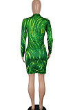 Green Sexy Long Sleeve Zipper Printing High Waist Mini Dress SH7284-2