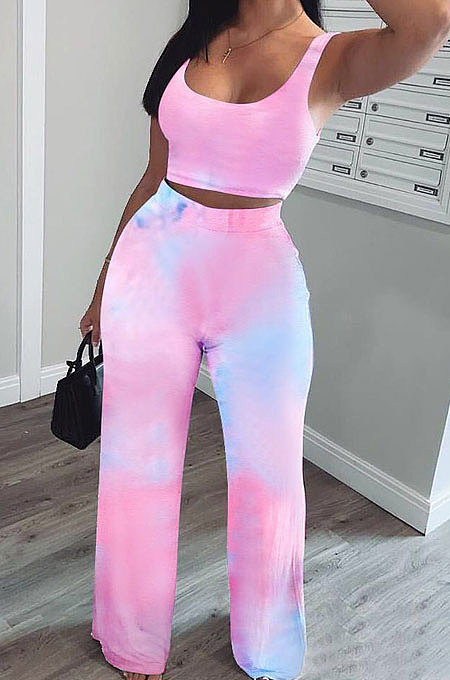 Multicolor Women Fashion Tie Dye Printing Tank Pants Sets SMY8025