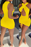 Yellow Night Club Cotton Blend Sleeveless Strapless Hollow Out Tight Solid Color Drawsting Mini Dress DR8105-2