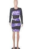 Purple Printing Mesh Spaghetti Spliced Perspectivity Long Sleeve Round Neck Club Mini Dress WMZ2652-4