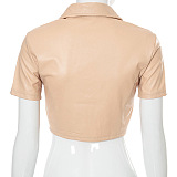 Nude Women Pure Color Short Sleeve Turn-Down Collar Buttons Crop Tops FWB141-3