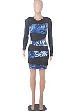 Bright Blue Printing Mesh Spaghetti Spliced Perspectivity Long Sleeve Round Neck Club Mini Dress WMZ2652-2