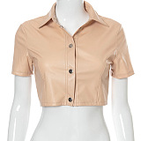 Brown Women Pure Color Short Sleeve Turn-Down Collar Buttons Crop Tops FWB141-2