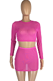 Pink Sexy Mesh See-Through Long Sleeve Round Neck Crop Top Hip Skirts Pure Color Two-Piece LMM8273-1