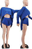 Blue New Wholesal Long Sleeve Round Collar Crop Batwing Top Shorts Casual Sets HXY8066-6