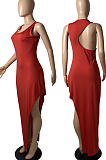 Red Fashion Women Sleeveless Round Collar Hollow Out Slim Fitting Slit Solid Color Tank Long Dress YFS10008-3