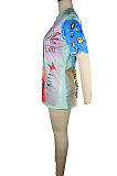 Light Blue Women Short Sleeve Round Neck Positioning Printing T Shirts QQM4302-1