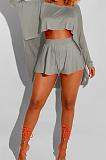 Orange New Wholesal Long Sleeve Round Collar Crop Batwing Top Shorts Casual Sets HXY8066-5