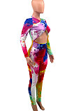 White Women Trendy Personality Starry Sky Multicolor Splash-Ink Printing Sexy Tight Crop Bodycon Jumpsuits PY0834-1