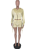 Khaki Autumn And Winter Velvet Long Sleeve Zipper Hoodie Dew Waist Shorts Sports Sets DN8518-4