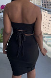 Dark Gray Women Cotton Pure Color Strapless Bowknot Backless Skirts Variety Style Two-Pieces QQM4301-3