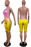 Yellow Sexy Gradient Halter Neck Backless Bandage Slim Fitting Romper Shorts JH159-1