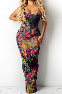 Black Women Tie Dye Demin Pattern Random Printing Condole Belt Backless Long Dress QQM4309-2