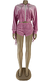 Khaki Autumn And Winter Velvet Long Sleeve Zipper Hoodie Dew Waist Shorts Sports Sets DN8518-4