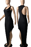 Black Fashion Women Sleeveless Round Collar Hollow Out Slim Fitting Slit Solid Color Tank Long Dress YFS10008-5
